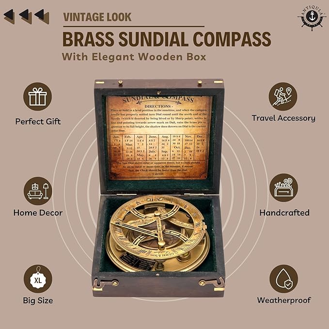 5 inch Large Sundial Compass with Wooden Rosewood Box, Perfectly Calibrated Steampunk Antique Brass Sundial Clock with Chart for Guidance, Ideal Nautical & Vintage Gift for Men