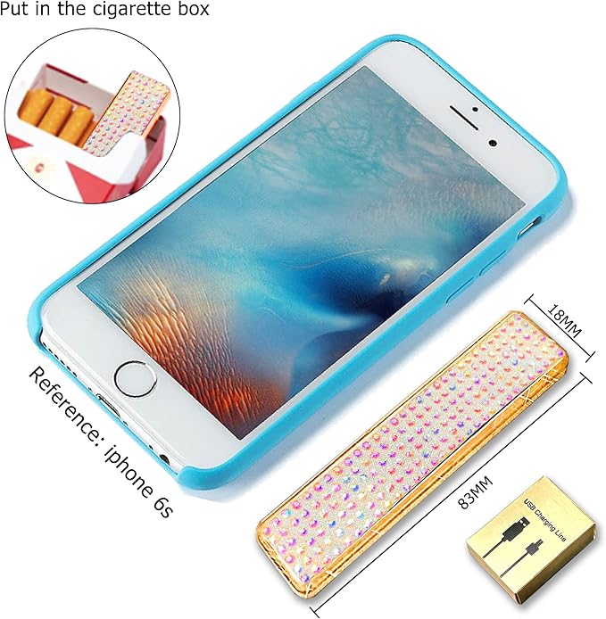 Rhinestone Lighter Electric Lighter Rechargeable Bling Glitter USB Lighter Flameless Girls Lighter for Women (White Multi)