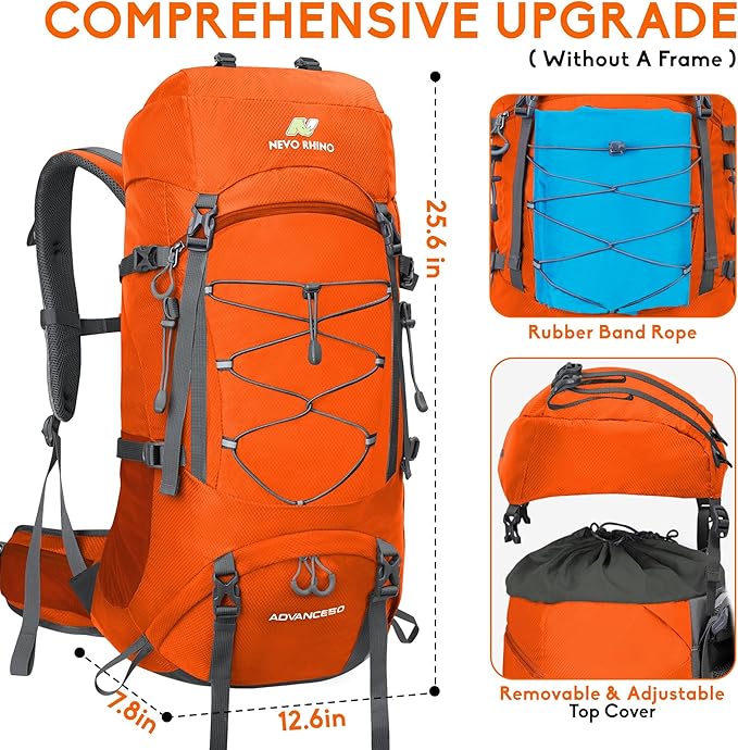 N NEVO RHINO Waterproof Hiking Backpack 50L/60L, Camping Backpack with Rain Cover, Hiking Travel Mountaineering Backpack