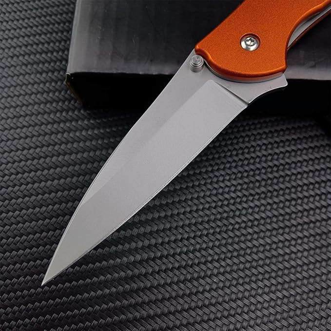 Outdoor Orange Pocketknife, 3" Bead Blast Plain Blade, Stainless Steel Handle, Dual Lock System, Tactical Hunting Folding Knife For Men Women