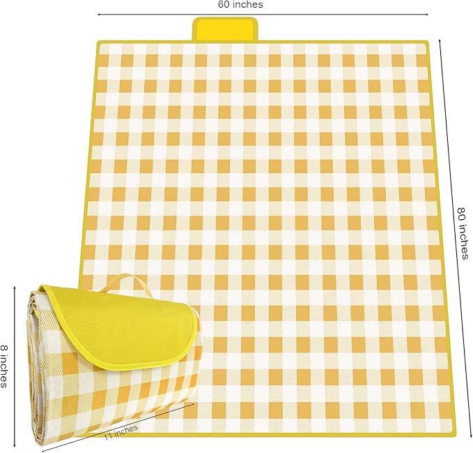QWXNRG Outdoor Picnic Blanket, Foldable Waterproof Sand Mat, Extra Large Picnic Blanket 60" x 80" for Beach Camping Hiking Travel Outdoor Family Concerts - Yellow Striped
