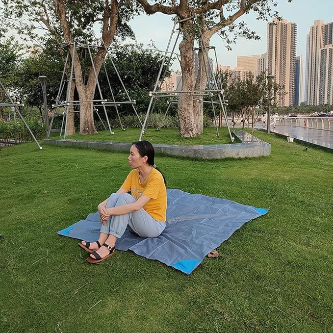 Orga'Neat Outdoor Pocket Blanket, 55”*60” Foldable Compact Lightweight Fast Dry Thin Tarp Mat for Picnic Camping Hiking Backpacking, Water-Resistant, Easily Put in Small Bag -Grey/Blue