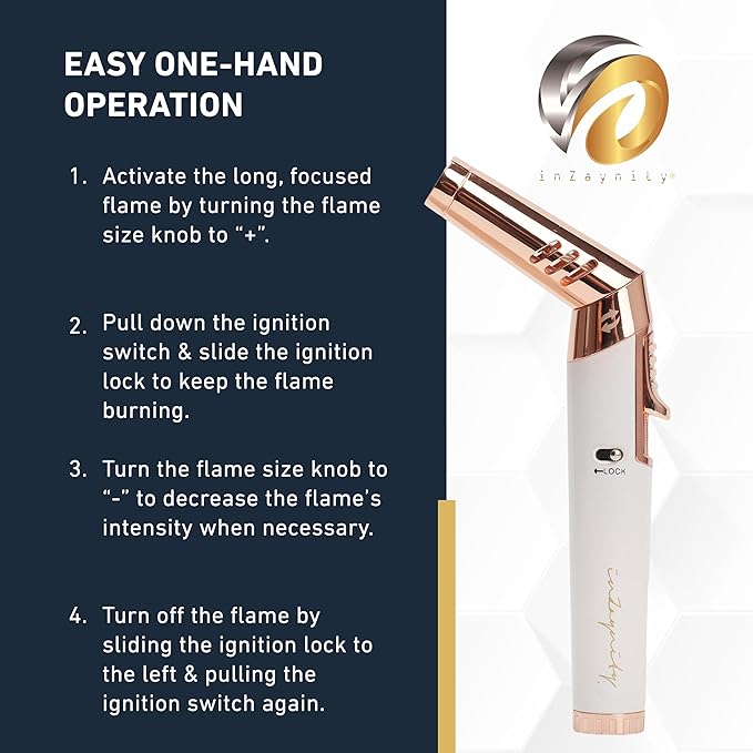 Pen Torch Lighter - Refillable Single Flame Butane Torch Lighter for Candle, & Cooking w/Adjustable Flame & Ignition Lock - Luxurious Handheld Camping Lighter & Gift Box by inZaynity - White & Gold