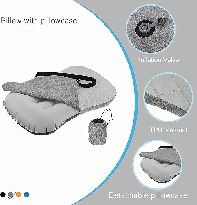 Portable Inflatable Neck Pillow for Outdoor Travel, Camping, Office Naps-Polyester + Washable Cotton-Color Available-Simple and Comfortable (Gray)