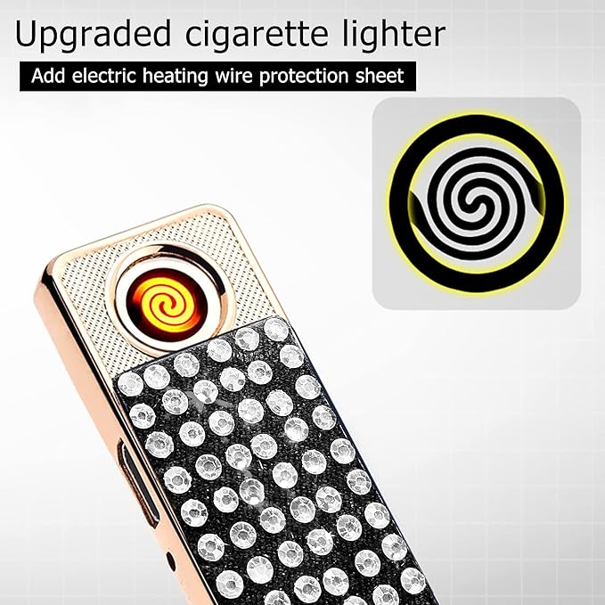 Rhinestone Lighter Electric Lighter Rechargeable Bling Glitter USB Lighter Flameless Girls Lighter for Women (Black Sliver)