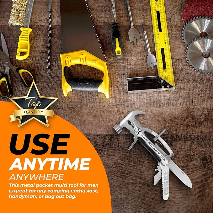 Gadget Gift for Dad - All in one Stainless Steel Hammer Multitool with case and clip. Great Gadgets for mens stocking stuffer for home or car