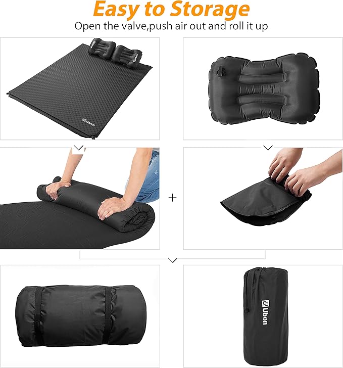 Ubon Double Self-Inflating Sleeping Mat Inflatable Mattress with Pillows Comfortable ASleep Pad for 2 People 1.5" Sponge Filling Ergonomic Pillow Portable Lightweight Camping Bed - Black