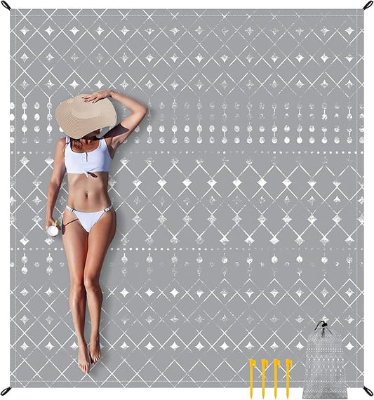 78''×86'' Large Beach Blanket for 4 Adults, Outdoor Beach Mat Sand Proof Waterproof with 4 Stakes & 4 Corner Pockets, Polyester Lightweight Comapct Grey Picnic Blanket for Travel, Camping, Hiking