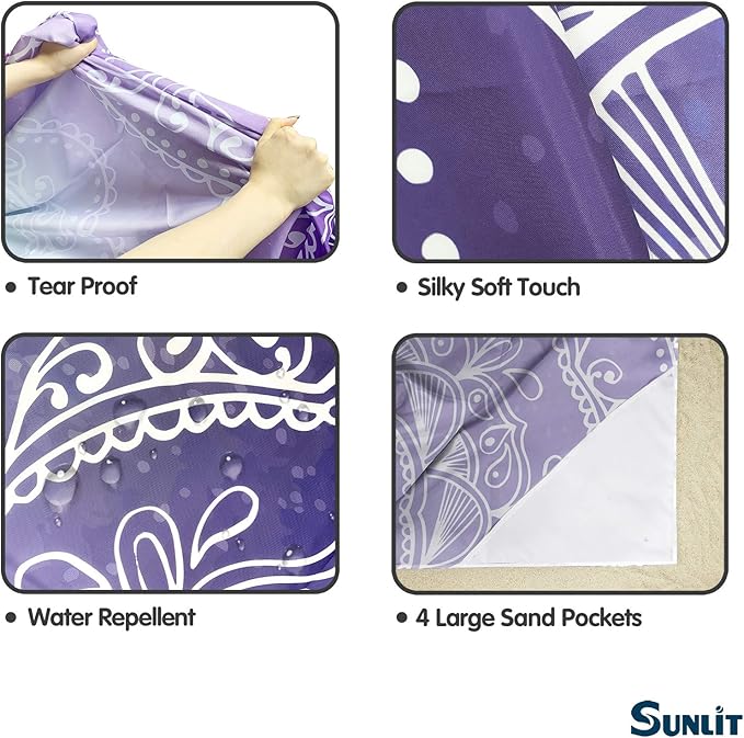 Sunlit Silky Soft 106"x81" Boho Sand Proof Beach Blanket Sand Proof Mat with Corner Pockets and Mesh Bag for Beach Party, Travel, Camping and Outdoor Music Festival, Blue Purple Mandala