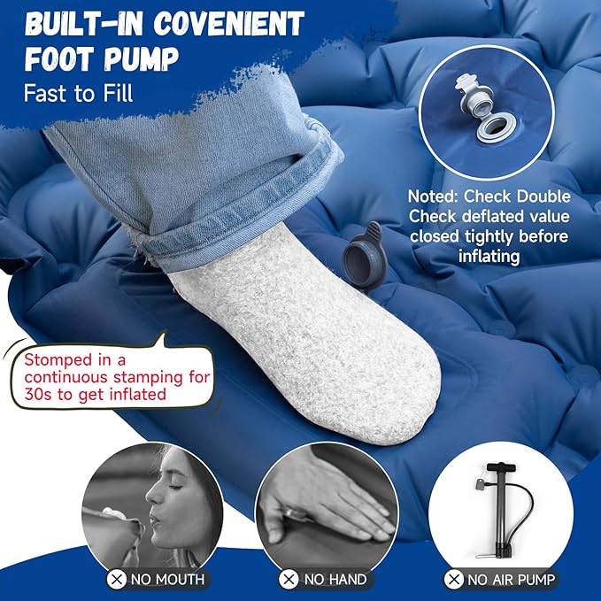 iNeibo Sleeping Pad for Camping - Inflatable Sleeping Pad with Pillow Built-in Foot Pump Compact Camping Air Mattress for Hiking Camping Backpacking Tent Car Traveling (Blue, Single)