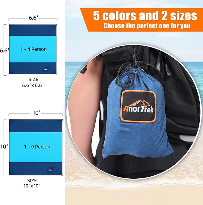 Beach Blanket Sandproof, Extra Large Beach Mat, Sand Free Mat Quick Drying, Lightweight, Soft & Durable Mat for Beach, Yard (Dark Blue & Blue, 10 x 10 FT (1~9 Person))