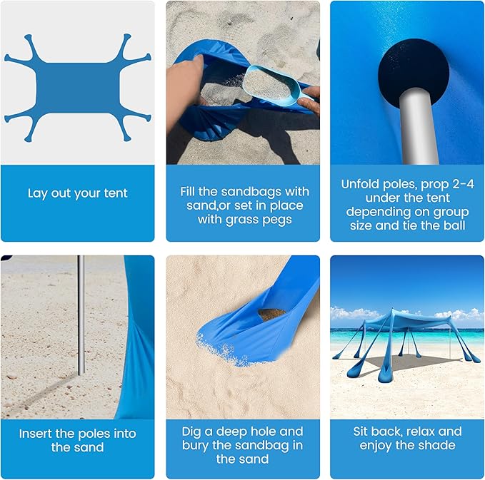 Beach Canopy Beach Tent Pop Up Shade 10x10ft Sun Shelter UPF50+ with 8 Sandbags-2 Sand Shovel-4 Aluminum Poles-Ground Pegs-Portable Carrying Bag for Outdoor Family Camping Fishing Yard Picnic