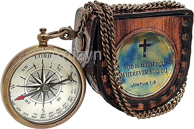 Brass Compass Engraved with Bible Scripture God is with You Wherever You Go Joshua 1:9 Religious Gift, Directional Magnetic Compass with Chain & Leather Carry Case, Baptism Gifts, Confirmation Gifts