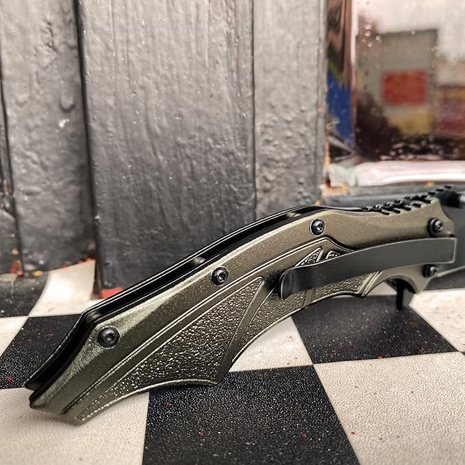 ALBATROSS Folding Pocket Knife, 3" Black Blade, 4.75" Aluminum Handle with the skull pattern, Liner Lock (Gray)