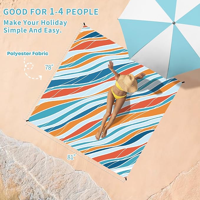 BYDOLL Beach Blanket Sandproof Waterproof 78''×81''1-4 Adults Compact Lightweight Oversized Beach Blanket Large Picnic Mat Beach Blanket for Travel Camping Hiking Picnic