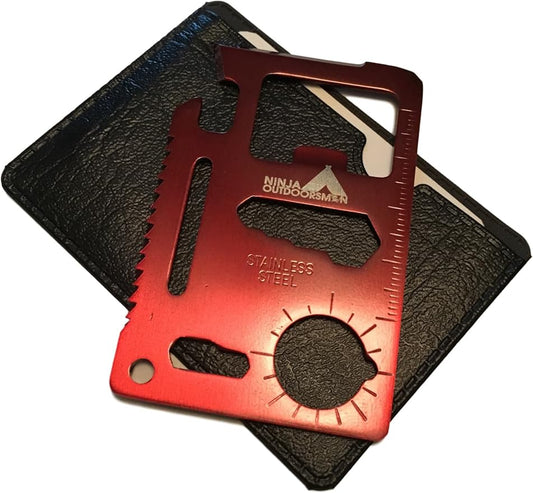 11 in 1 Stainless Steel Credit Card Pocket Sized Survival Multi-Functional Gadget Tool - Great Gift or Stocking Stuffer for Camping, Hiking or Emergency (Single, Red)