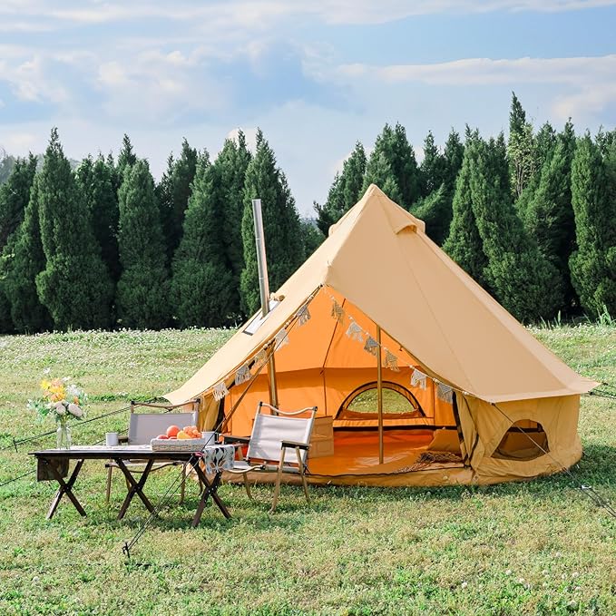 Cotton Canvas Bell Tent with Stove Jack, Roomy Yurt for Family Glamping Camping, 4 Season Tent with Zipped Removable Floor