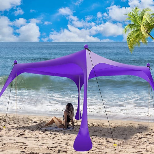 Buheco Beach Tent Pop Up Shade 10x10ft Beach Canopy Sun Shelter UPF50+ with 4 Foldable Poles-Portable Carrying Bag-Sand Shovel-Ground Pegs-Windproof Ropes for Outdoor Family Camping-Fishing-Picnic