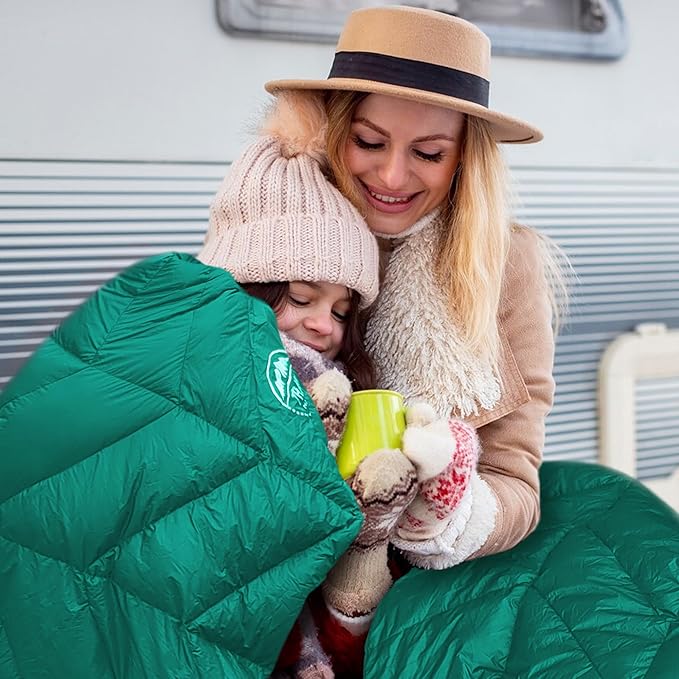 Luxurious Ultralight Down Camping Blanket | Perfect for Backpacking | Packable Puffy Outdoor Quilt with Hood & Pad Straps | Ideal for Travel Camping & Soccer Moms | 80x54 Turquoise