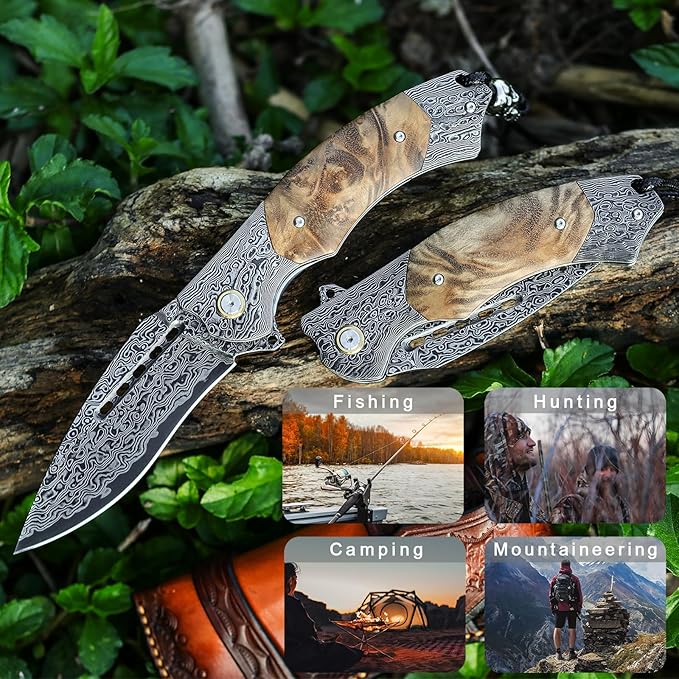 Damascus Steel Folding pocket Knife,with leather case,3.89in VG10 steel core Blade,Damascus Steel and Figured Sycamore wood handle,Suitable for Hiking carry EDC Knife