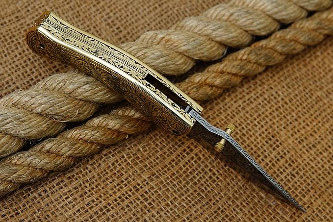GLADIUS CRAFTS" Exquisite 7.5-inch Hand-Crafted Folding Knife - 3.5-inch D2 Steel Blade with 4-inch Hand-Engraved Brass Handle - Ideal for Collection, EDC Tool, or any other Practical Use - An Extraordinary Gift