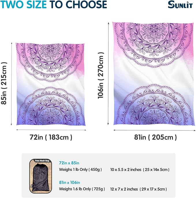 Sunlit Silky Soft 106"x81" Boho Sand Proof Beach Blanket Sand Proof Mat with Corner Pockets and Mesh Bag for Beach Party, Travel, Camping and Outdoor Music Festival, Purple Lines Pink Mandala