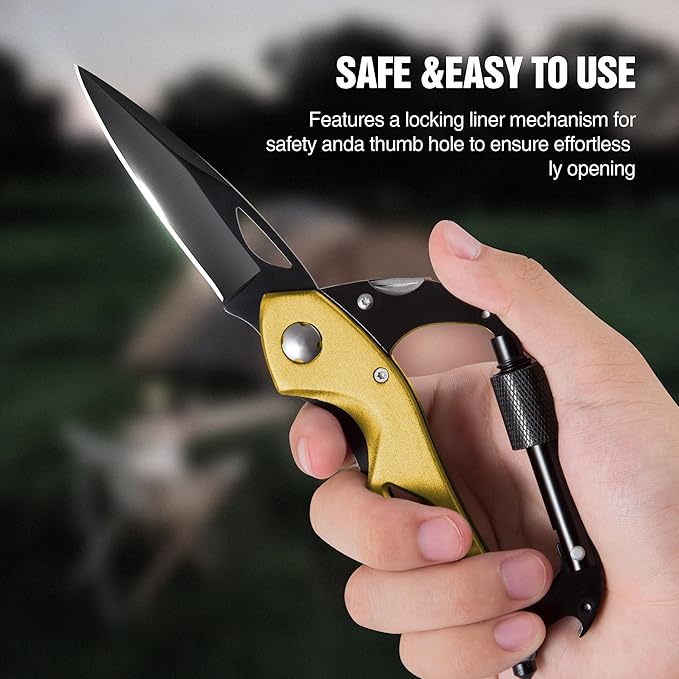 Multitool Carabiner with Pocket Knife, EDC Carabiners Keychain with Bottle Opener, Window Breaker Folding Knives and Screwdriver, Survival Gear for Outdoor Camping Hiking for Men