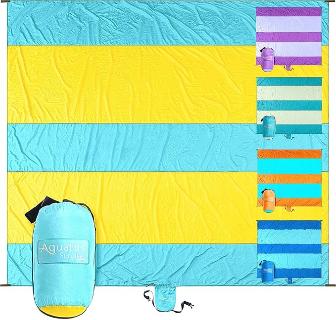 Premium XXL Beach Blanket Sandproof Water Resistant Quick Dry Mat 10ft by 9ft for 1-8 Adults with 4 Metal Stakes, 4 Corner Pockets, Secure Clip and Strap, and Attached Bag