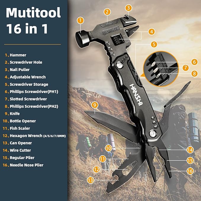 Adjustable Wrench Multitool Hammer for Survival,16 in 1 Multitools Pliers with Nylon Sheath,Pocket Knife Multi Screwdriver Tool All in One Camping Accessories for Stocking Stuffers for Men