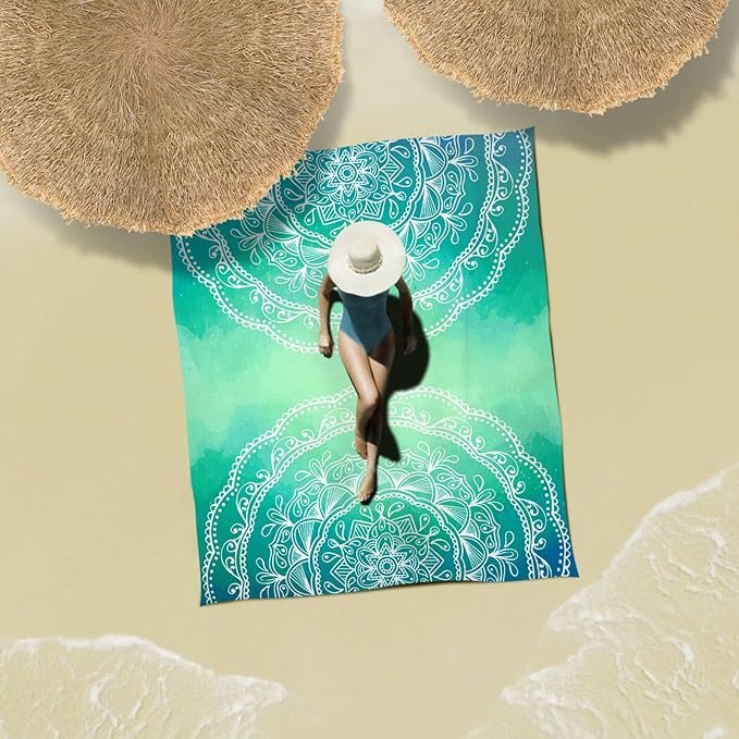 Sunlit Silky Soft 85"x72" Boho Sand Proof Beach Blanket Sand Proof Mat with Corner Pockets and Mesh Bag for Beach Party, Travel, Camping and Outdoor Music Festival, Bright Turquoise Mandala