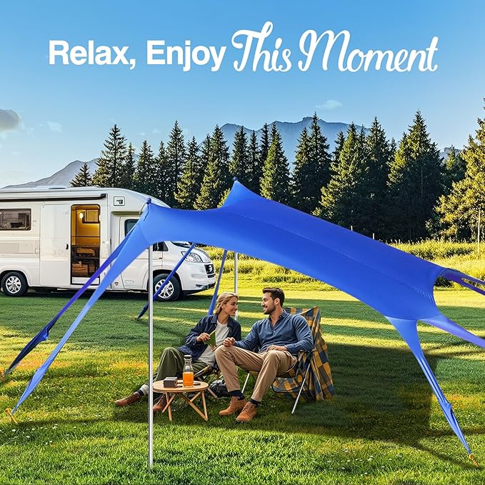 Rhino Valley Beach Tent Sun Shelter, Beach Canopy Tent Sun Shade UPF50+ Protection with 8 Sandbags 4 Stability Poles, Outdoor Beach Shade Canopy for Beach, Camping, Fishing