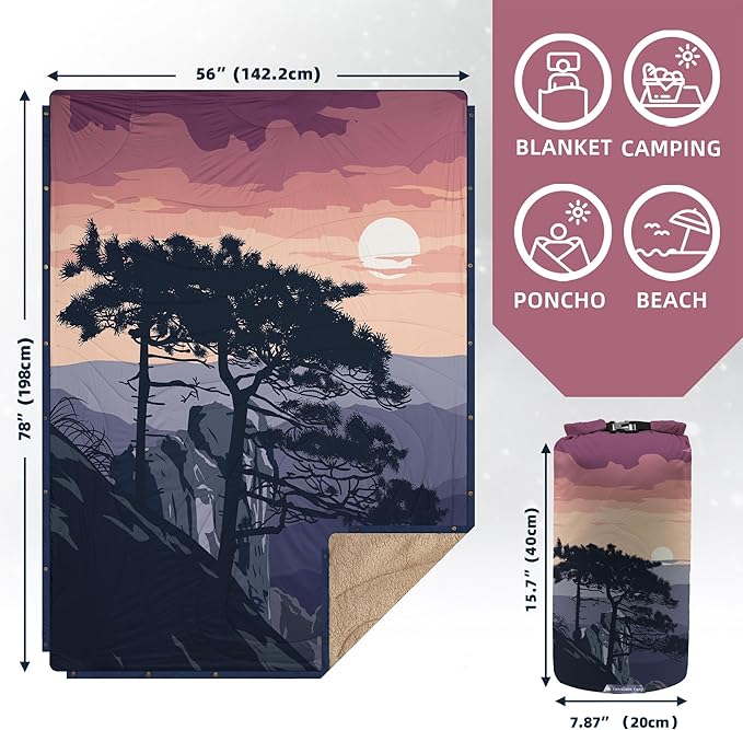 Outdoor Camping Blanket with Sherpa Lining, Extra Warm Thick Camp Blankets & Puffy Ultralight Soft Poncho DWR Camping Quilt for Cold Weather, Adventure,Sleeping,Backpacking 78"x 56"