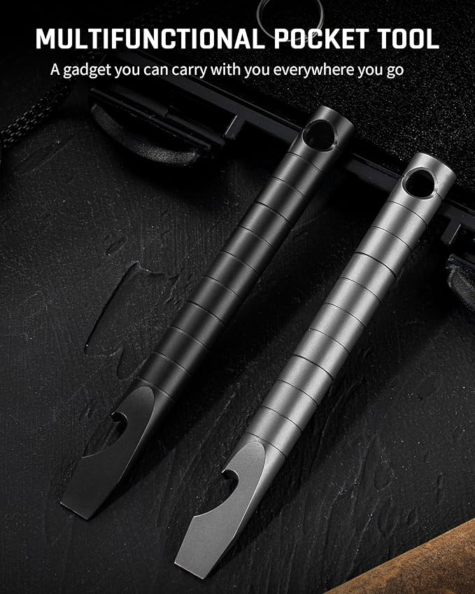 TISUR Titanium EDC Pry Bar, Keychain Prybar Multitool With Bottle Opener, 6 in 1 Portable Pocket Mini Crowbar Tool (Grey)