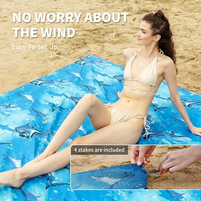 Beach Blanket, 83''*79''(210 * 200cm) Waterproof Sandproof Shark Picnic Blankets for 3-5 Adults, Oversized Lightweight Beach Mat, Big & Compact Picnic Mat for Travel, Camping, Hiking, Beach