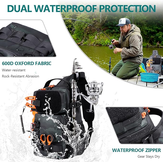 NEW VIEW Fishing Sling Bag, Waterproof Sling Pack with Rod Holder, Versatile Storage Fly Fishing Bags for Men, Small Shoulder Pack for Streams & Rivers