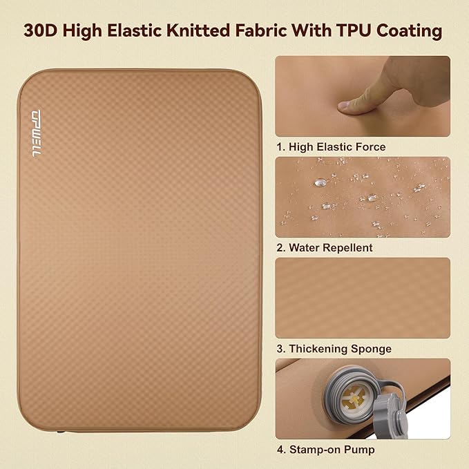 UPWELL Self Inflating Sleeping Pad 4.5" Thickness Camping Mattress with Solid Foam Double Sleeping Mat Portable Fast Inflation for Outdoor Mat Portable Roll Up Bed Brown
