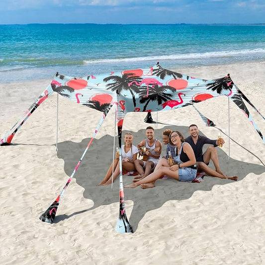 Rhino Valley Beach Tent Sun Shelter, Beach Canopy Tent Sun Shade UPF50+ Protection with 8 Sandbags 4 Stability Poles, Outdoor Beach Shade Canopy for Beach, Camping, Fishing