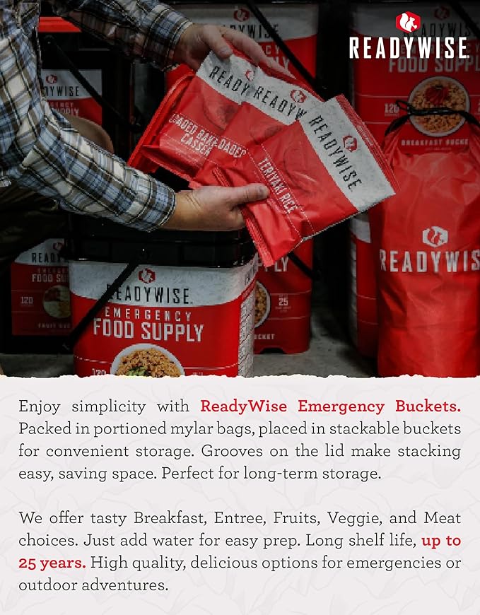 READYWISE - Powdered Eggs Bucket, 144 Servings, Emergency, MRE Food Supply, Premade, Freeze Dried Survival Food for Hiking, Adventure & Camping Essentials, Individually Packaged, 25 Year Shelf Life