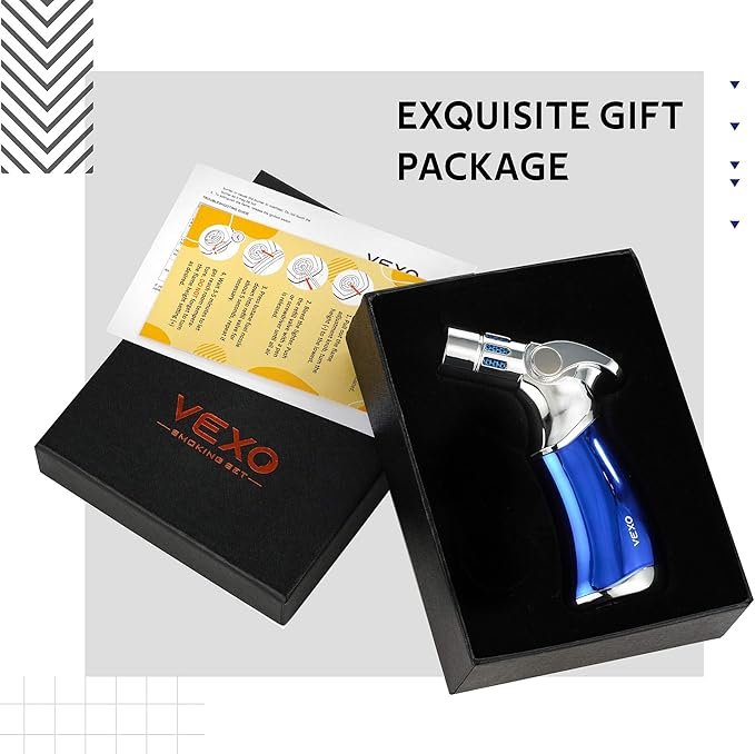 VEXO-Mini4 Torch Lighter Quad 4 Jet Flame Windproof Butane Refill Portable Lighter for Grill BBQ Candle Camping, Cool Lighter Gift Idea (Butane NOT Included) (Blue)