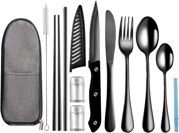 Portable Travel Utensils Set,Reusable Camping Cutlery Set,Stainless Steel Flatware Set with Case,Lunch Boxes Workplace Camping School Picnic (Black)