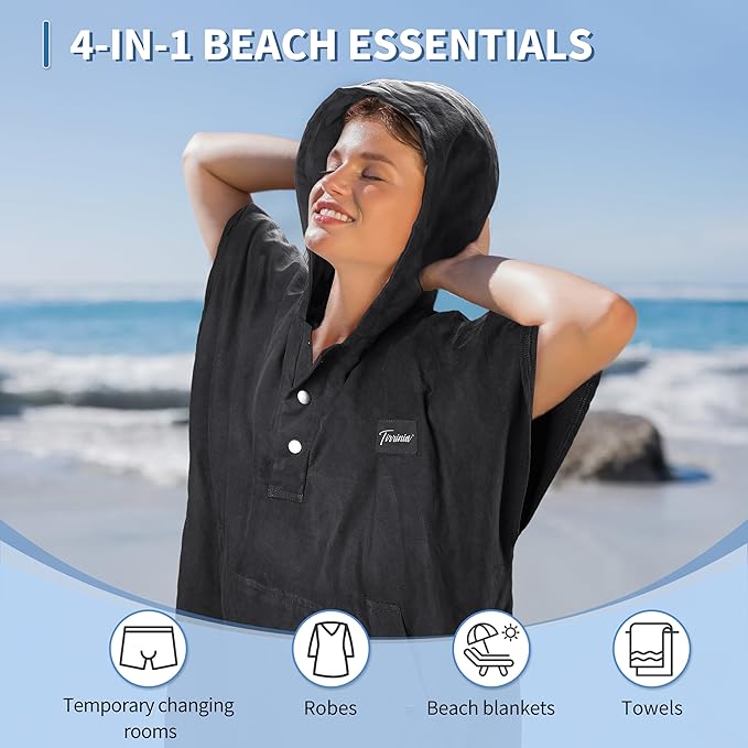 Tirrinia Hooded Surf Poncho Changing Towel Summer Swim Robe with Pocket, Quick Dry Towel Hoodie for Surfing Swimming Diving Men Women