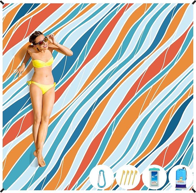 BYDOLL Beach Blanket Sandproof Waterproof 78''×81''1-4 Adults Compact Lightweight Oversized Beach Blanket Large Picnic Mat Beach Blanket for Travel Camping Hiking Picnic