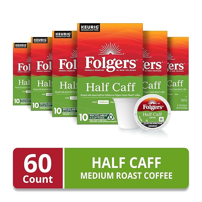 Folgers Half Caff Coffee, Medium Roast, Keurig K-Cup Pods, 10 Count (Pack of 6)
