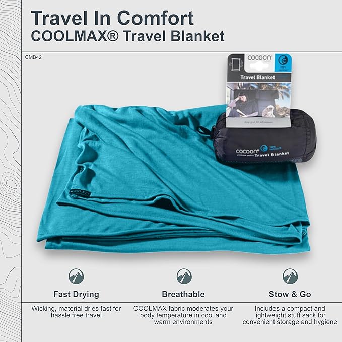 COCOON - Coolmax Travel Blanket | Compact Throw Blanket for Camping and Hiking | Fits in Backpack | Attaches to Luggage | Travel Essential | Fast Drying (Regular 70" x 55")