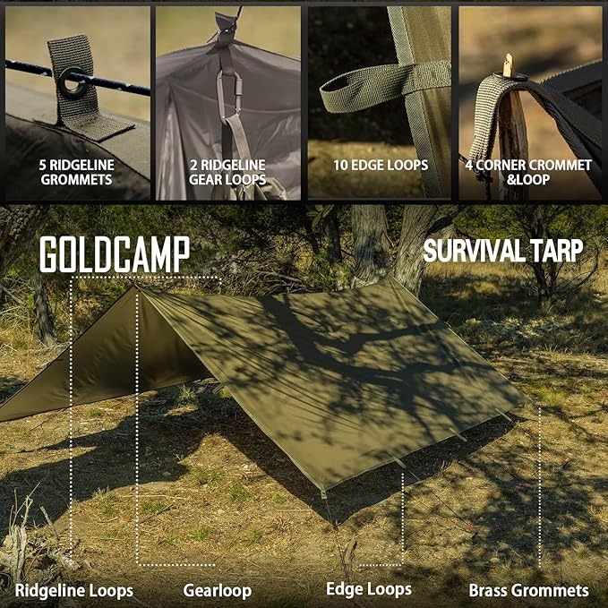 GOLDCAMP Waterproof Camping Tarp,70D Nylon 10''X10'' Hammock Rain Fly ,UV 50+ and PU15000mm Tent Tarp Shelter Canopy,Heavy Duty Multifunctional Sun Shade or Rain Fly Essentials for Hiking Backpacking