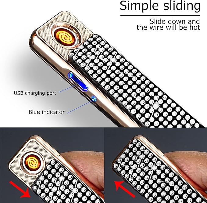 Rhinestone Lighter Electric Lighter Rechargeable Bling Glitter USB Lighter Flameless Girls Lighter for Women (Black Sliver)