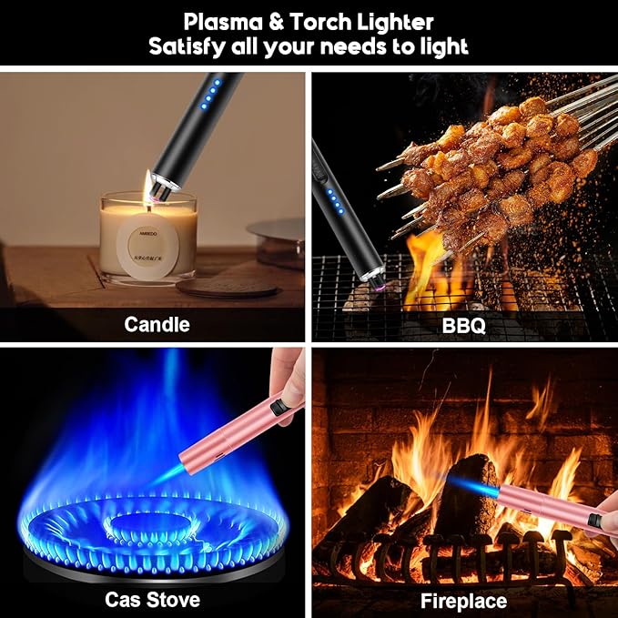 LcFun Candle Lighter 2 Pack, Windproof Electric Plasma Arc Lighter USB Rechargeable, Refillable Butane Lighter Adjustable Jet Flame Torch Lighter for Candles, Grill, BBQ (Butane Not Included)
