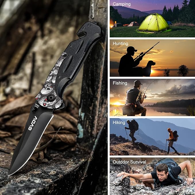 GVDV Utility Pocket Knife with 7Cr17 Stainless Steel - Folding Knife for EDC Outdoor Camping Hunting, Liner-Lock, Clip, Seatbelt Cutter, Glass Breaker for Emergencies, Men Gifts, White Skull