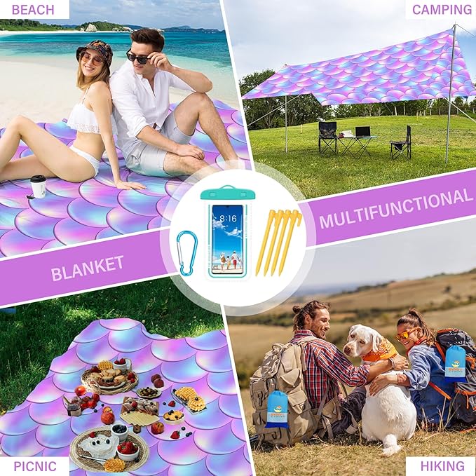 BYDOLL Beach Blanket Jellyfish Sandproof Waterproof 78''×81''1-4 Kids Adults Compact Lightweight Oversized Blanket Large Picnic Mat Beach Blanket for Travel Camping Hiking Picnic