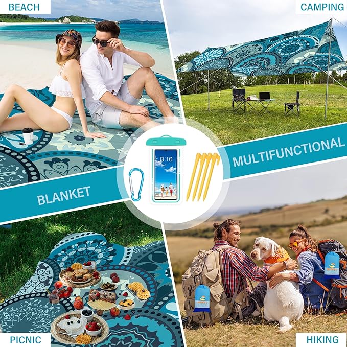 BYDOLL Beach Blanket Sandproof Waterproof 78''×81'' 1-4 Adults Compact Lightweight Oversized Beach Blanket Large Picnic Mat Beach Blanket for Travel Camping Hiking Picnic